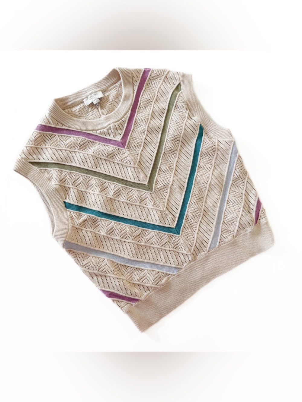 Loft Sweater Vest Womens Medium Cream Chevron Stripe Open Knit Cotton